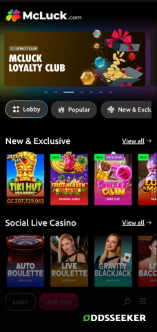 A screenshot of the mobile login page for McLuck Casino